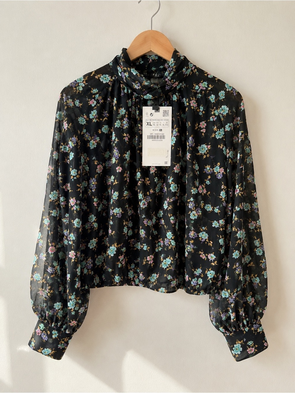 Zara Black Floral Tie-Neck Blouse with Pastel Blooms